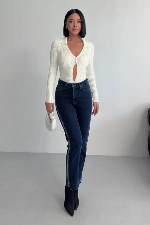 Şerit Taşlı Mom Fit Kot Pantolon 7110-26-(26-31)