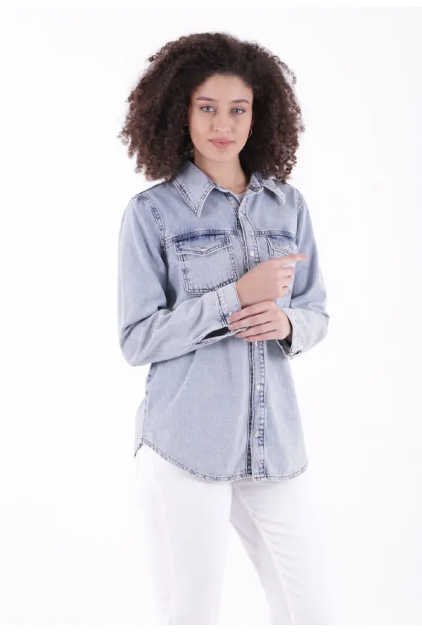 Denim Shirt with Snap Buttons 6013-18-(S-XL-6) Middle Blue Snow Denim Shirt with Snap Buttons 6013-18-(S-XL-6) Middle Blue Snow