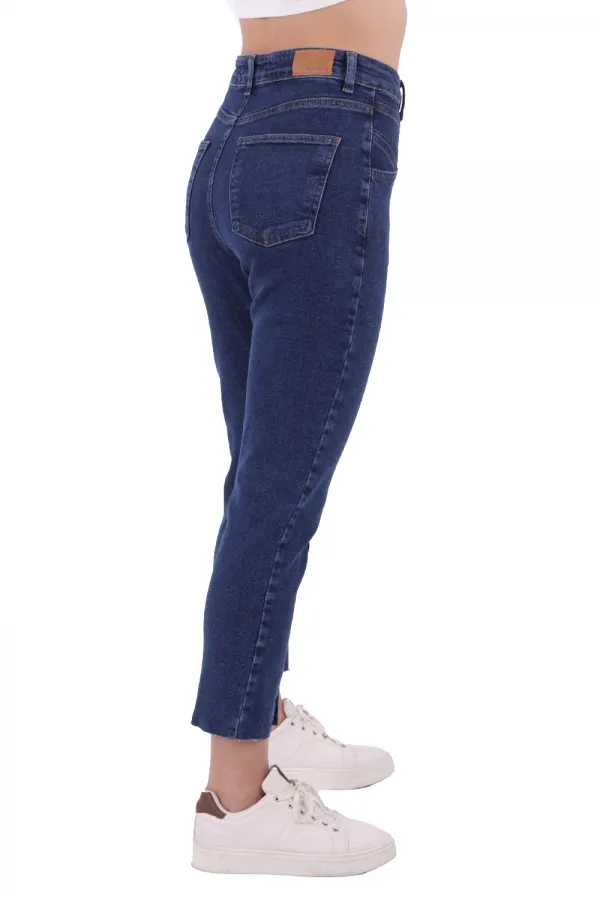 High Rise Mom Jean With Slit in Leg Front  1743-26-(26-28) Regular Dark Blue