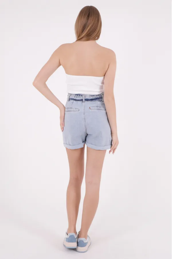 Elasticated Waist Denim Short with Belt 233-08-(S-XL-6) Snow Light Blue Elasticated Waist Denim Short with Belt 233-08-(S-XL-6) Snow Light Blue