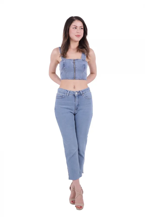 Yanı Yırtmaçlı Flare Paça Mom Kot Pantolon  1774-15-(28-33)