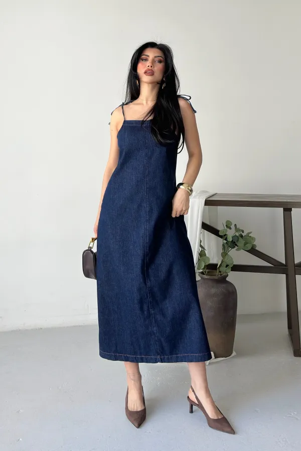 Strappy Relax Dress 3085-17-(S-XL) Slubbed Navy Blue Strappy Relax Dress 3085-17-(S-XL) Slubbed Navy Blue