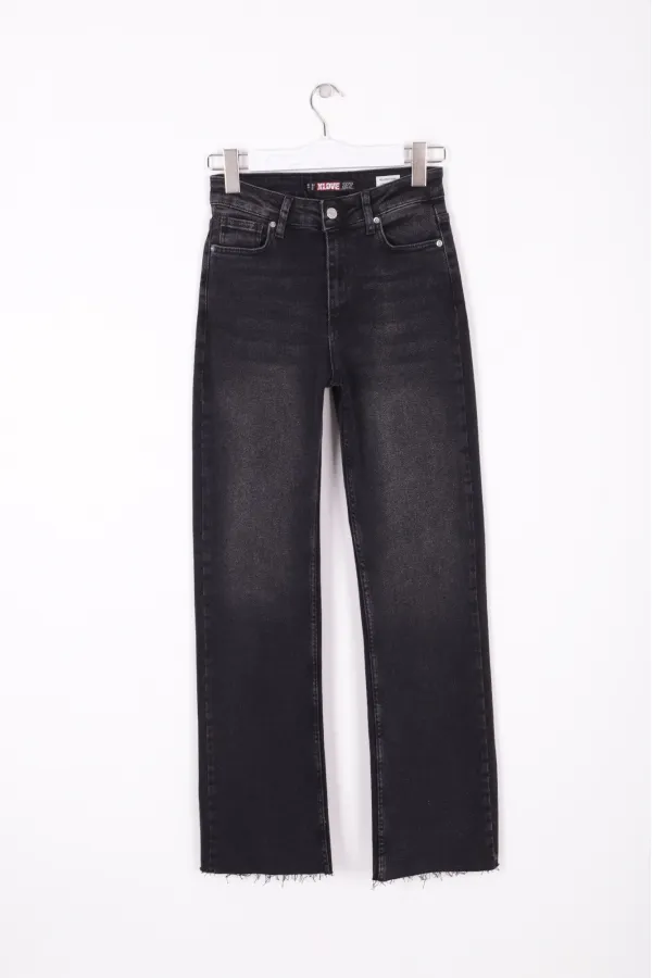 Tasseled Bottom Wide Leg Relax Jean  1726-03-(26-31) Anthracite Denim