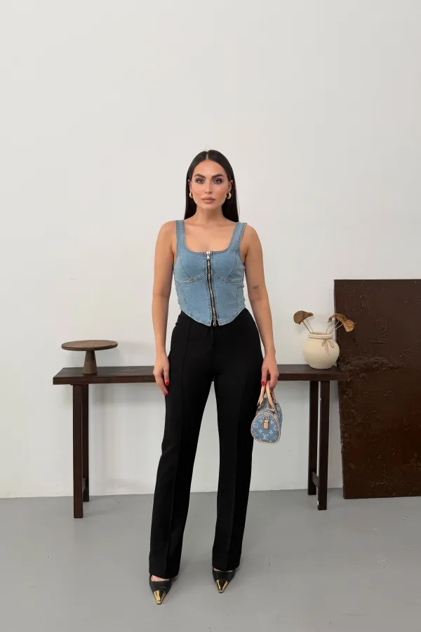 Fermuarlı Denim Büstiyer 411-25-(S-L-3)