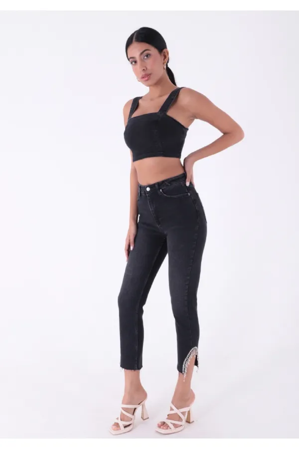 High Waisted Mom Jean with Rhinestones on Leg Hems Sides 1881-23-(26-31) Regular Anthracite High Waisted Mom Jean with Rhinestones on Leg Hems Sides 1881-23-(26-31) Regular Anthracite