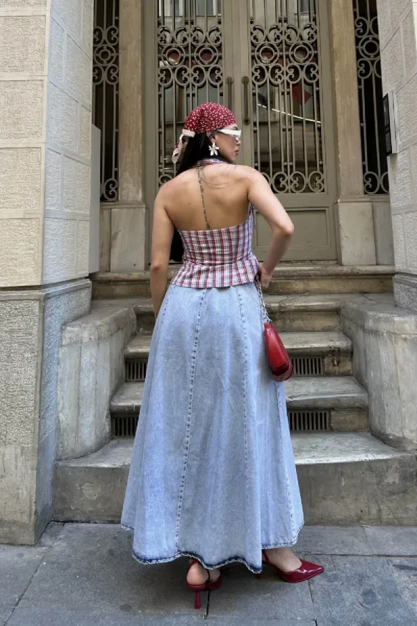 Ruffled Long Skirt with Elasticated Waist 1063-08-(36-44) Snow Light Blue