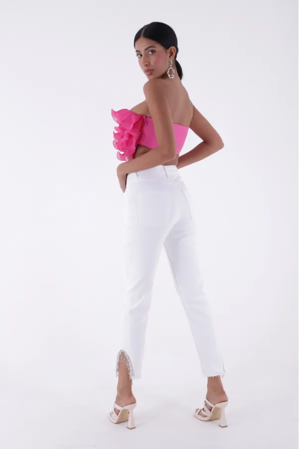 Stone Embellished Asymmetric Leg Trousers 1881-50-(26-31)