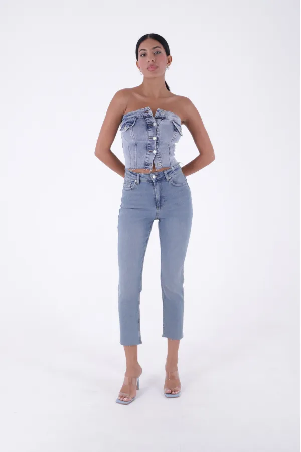 Fringe Ending High Waisted Mom Fit Jean  764-62-(30-36) Middle Blue - Tinted