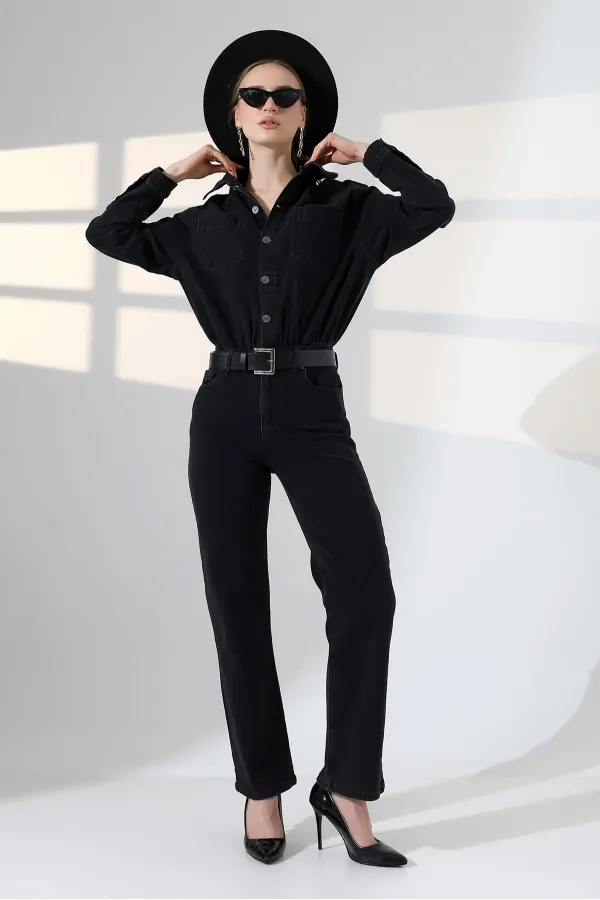 Buttoned Classic Long Denim Dress 3034-23-(S+L+3) Regular Anthracite Buttoned Classic Long Denim Dress 3034-23-(S+L+3) Regular Anthracite