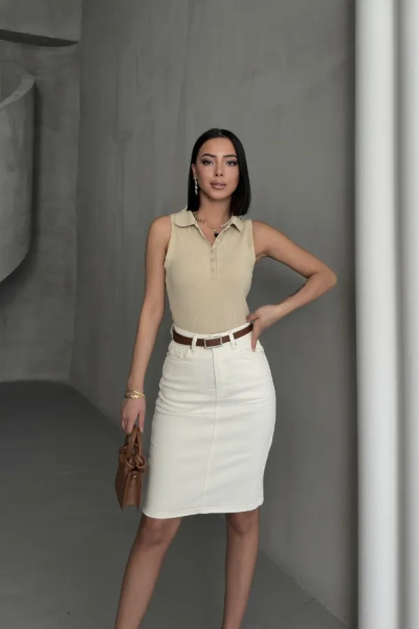 Classic Mid Length Denim Skirt  1039-80-(42-46) Natural