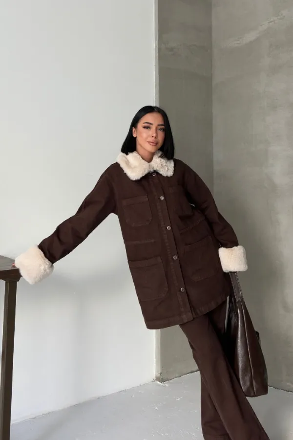 Kol ve Yakası Kürk Detaylı Orta Boy Kot Ceket 6168-78-(S+L+4)