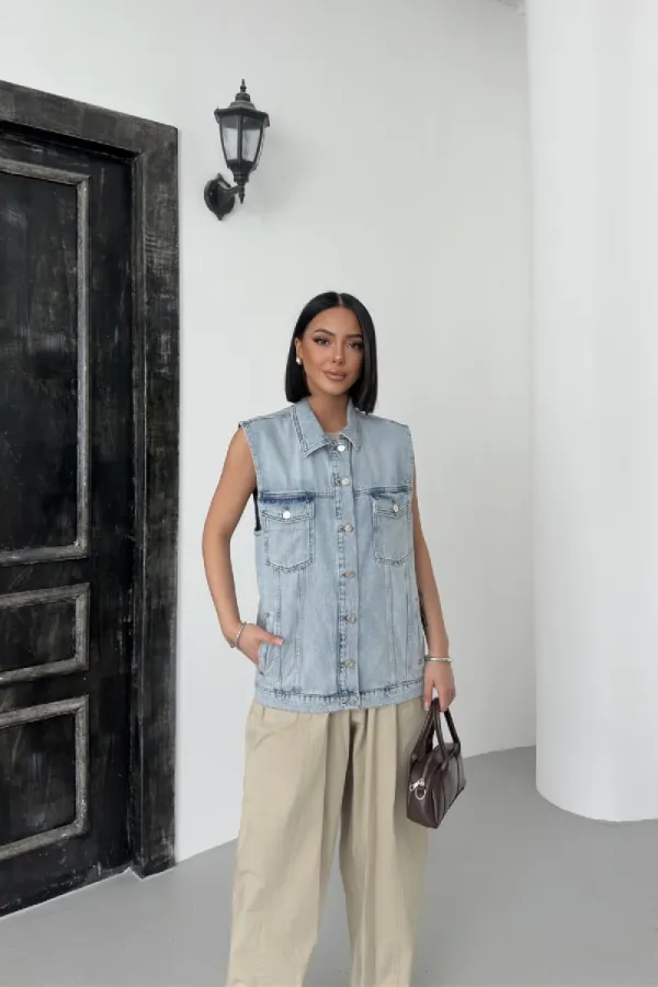 Gilet en denim mi-long 6053-08-(SL-4)