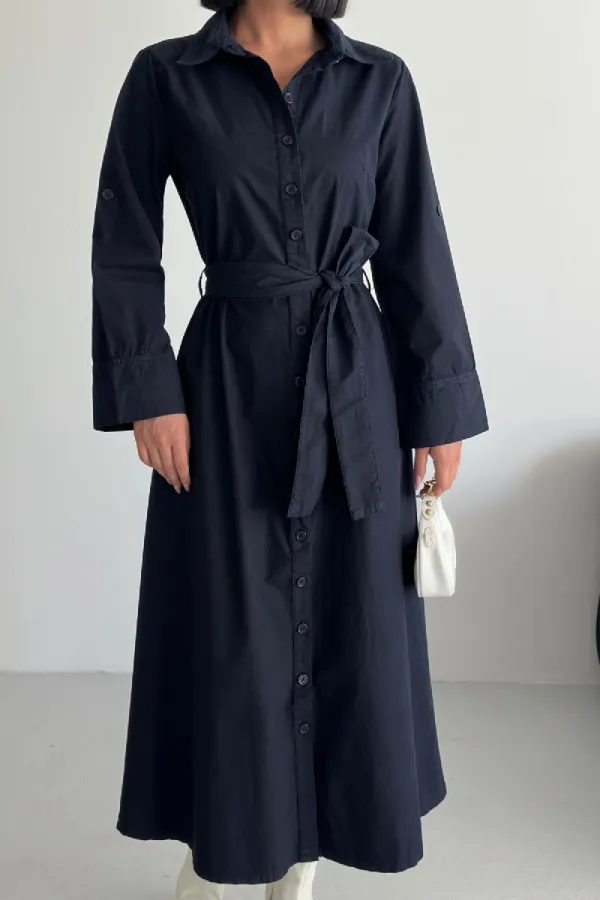 Düğmeli Uzun Boy Kot Elbise 3047-73-(S-XL)