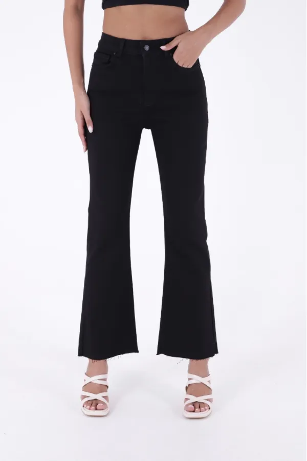 High Waist Mom Fit Jean with Flared Leg and Fringe Ending 1706-07-(24-25-6) Black