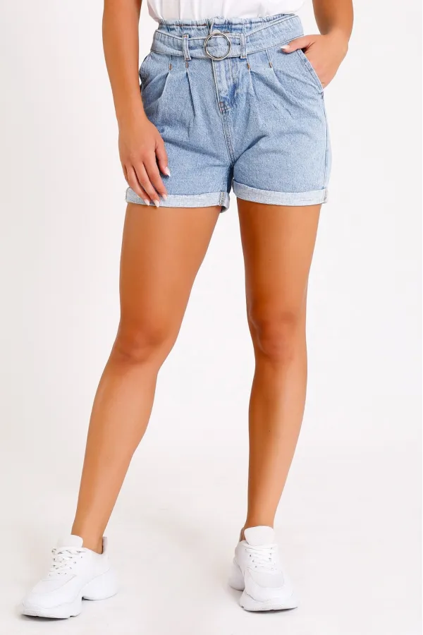 Pleated Denim Short with Denim Belt 222-42-(S-XL-6) Ice Blue - Tinted Pleated Denim Short with Denim Belt 222-42-(S-XL-6) Ice Blue - Tinted