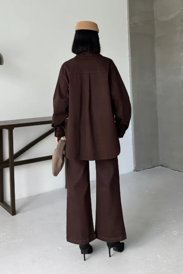 Oversize Denim Jacket with Buttons 6080-78-(S+L+3) Brown