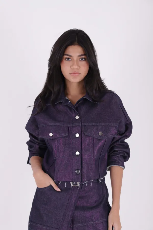Short Oversize Denim Jacket 651-55-(S-L-3) Purple Coated Glitter Short Oversize Denim Jacket 651-55-(S-L-3) Purple Coated Glitter