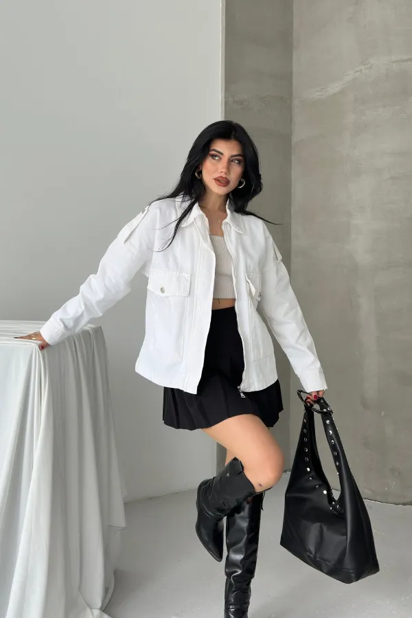 Denim Jacket with Pockets 6254-51-(S-L-3) Cream White