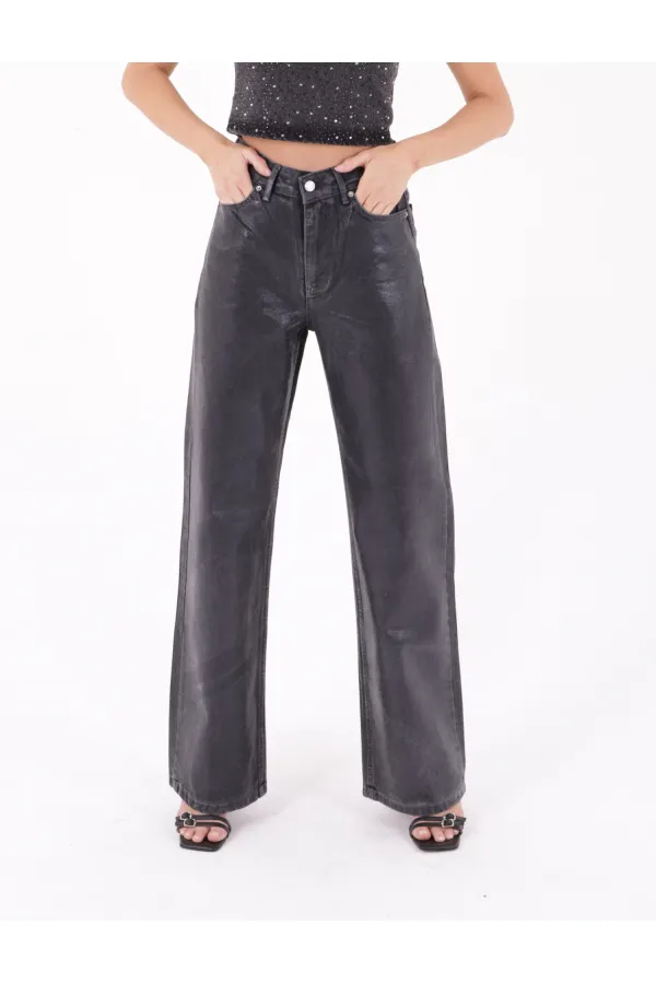 Wide Leg High Waisted Relaxed Jean  718-52-(27-32) Silicone Black