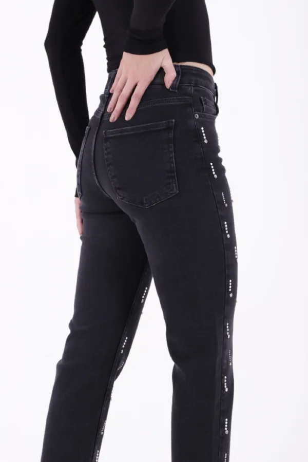 Tek Taraflı Droplı Mom Fit Kot Pantolon  7038-23-(28-33)