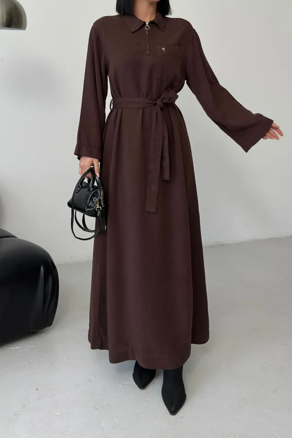 Belted Long Denim Dress 3035-78-(S-L-3) Brown