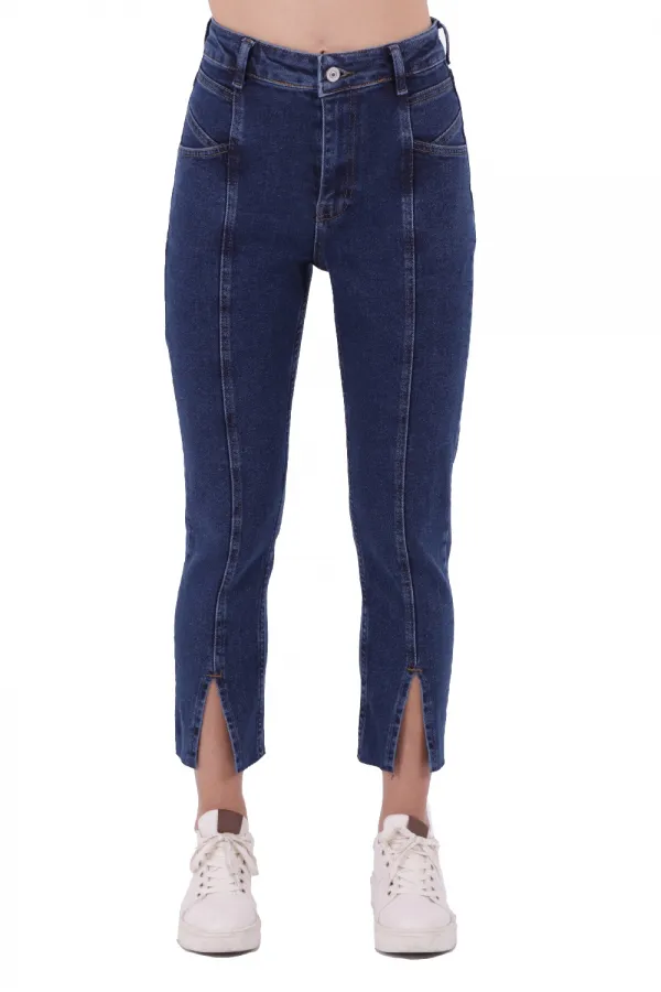 High Rise Mom Jean With Slit in Leg Front  1743-26-(26-28) Regular Dark Blue