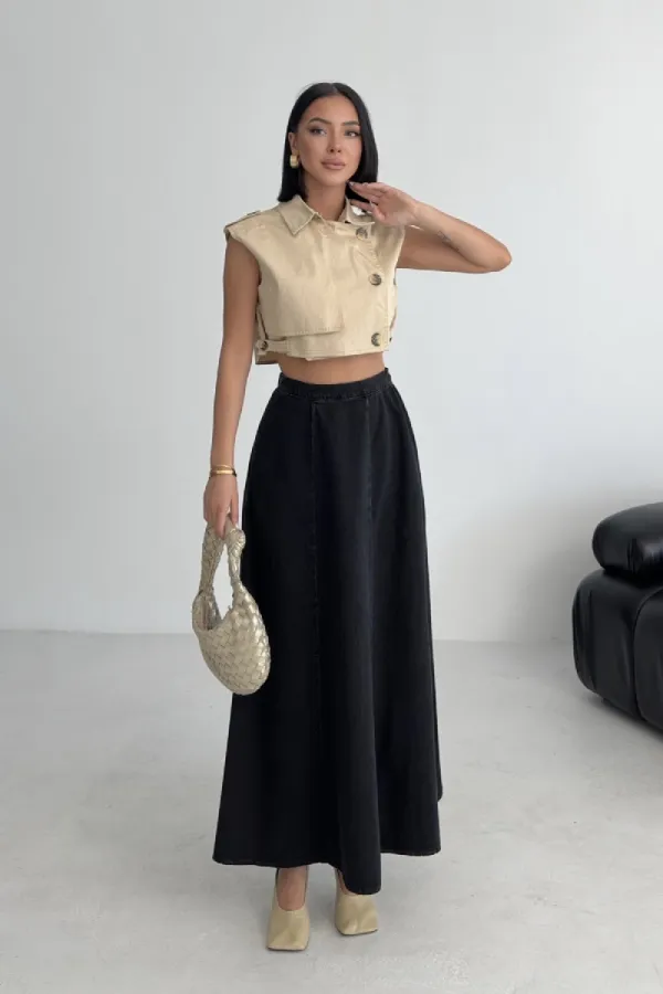 Ruffled Long Skirt with Elasticated Waist 1063-23-(36-44) Regular Anthracite