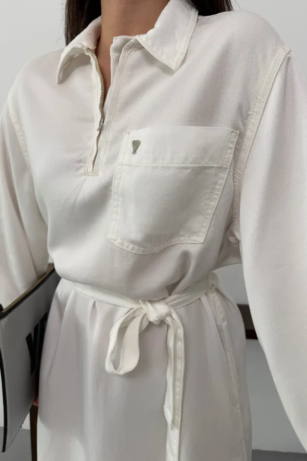 Belted Long Denim Dress 3035-51-(S-XL) Cream White