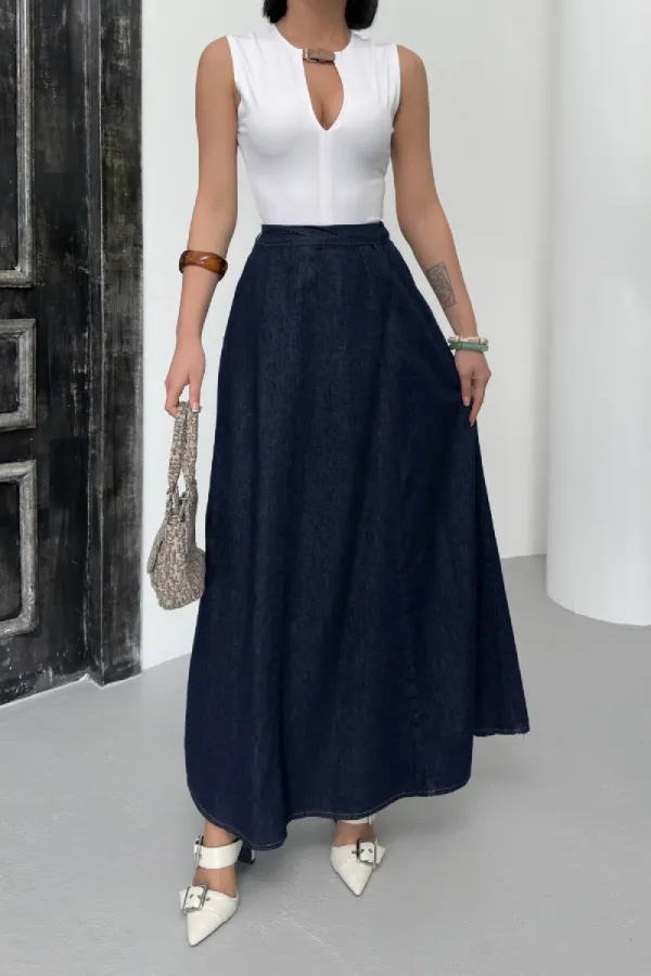Ruffled Long Skirt with Elasticated Waist  1063-17-(S-XL) Slubbed Navy Blue