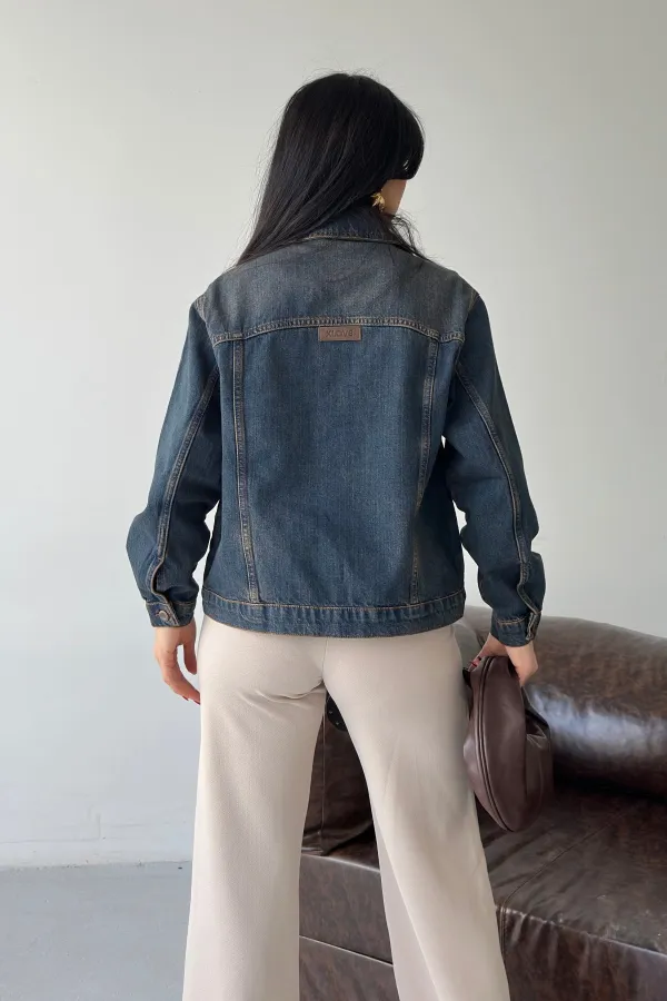 Denim Jacket with Buttons  6081-19-(S-L-3) Dark Blue Intense Tinted