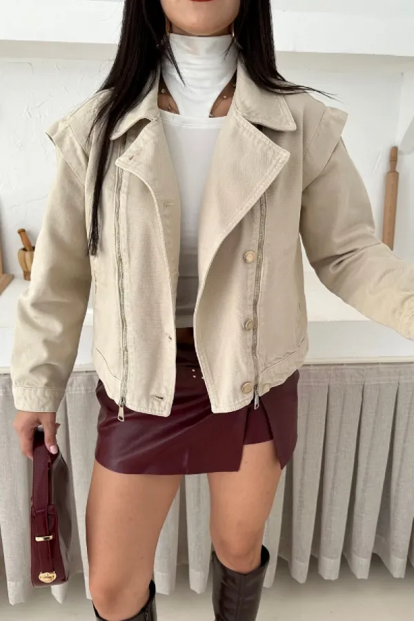 Zipper Detail Denim Jacket 6141-65-(S-L-3) Stone