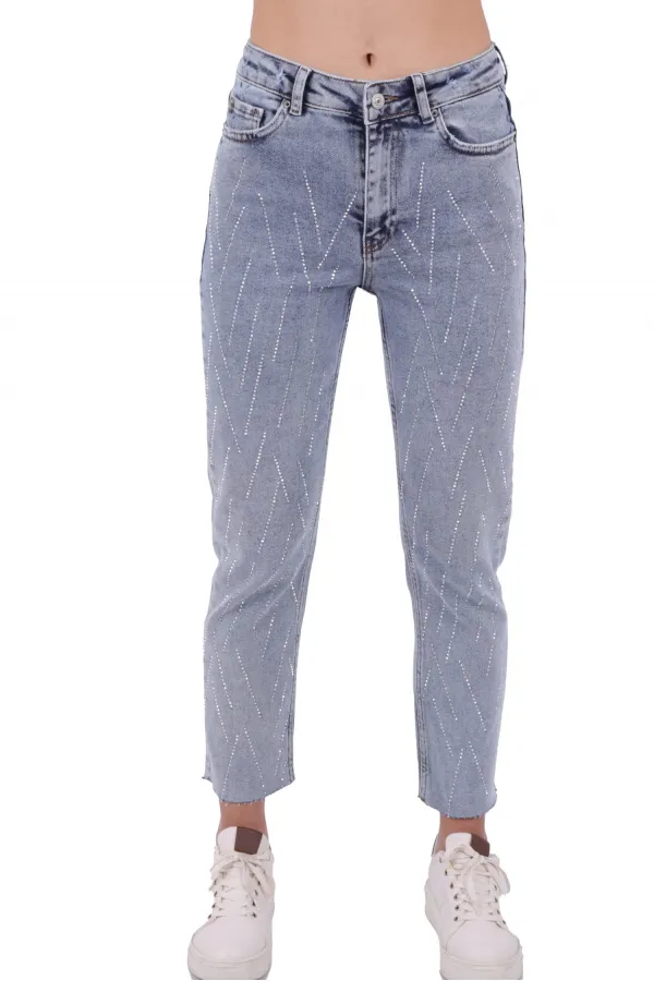 Taşlı Mom Fit Kot Pantolon  1725-08-(28-33)