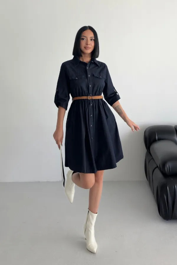 Büzgü Detaylı Kısa Kot Elbise 3040-73-(S-XL)