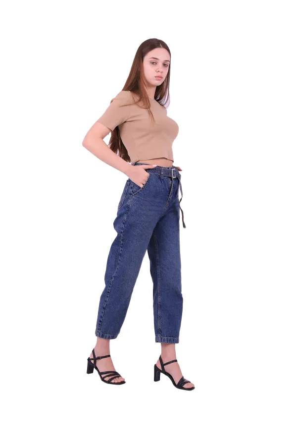 Beli Pileli Kot Kemerli Gevşek Kot Pantolon  1741-62-(26-31)