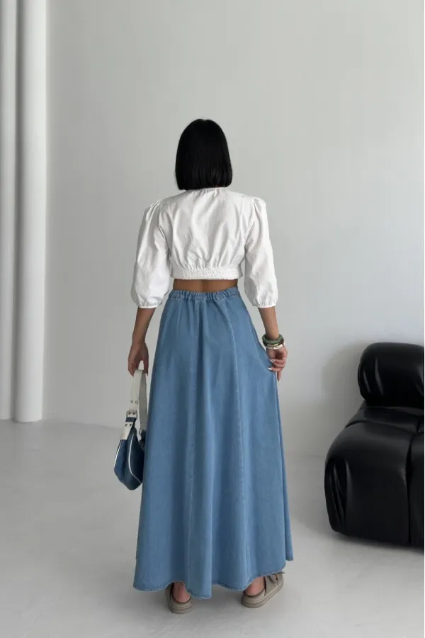 Ruffled Long Skirt with Elasticated Waist 1063-27-(36-44) Rinsed Blue
