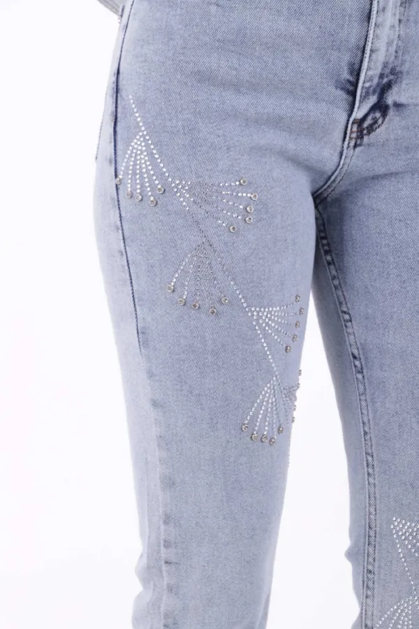 Çapraz Taşlı Mom Fit Kot Pantolon 7054-08-(28-33)