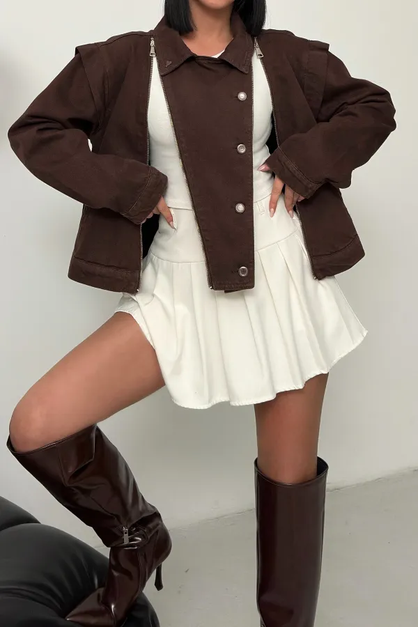 Zipper Detail Denim Jacket 6141-78-(S-L-3) Brown Zipper Detail Denim Jacket 6141-78-(S-L-3) Brown