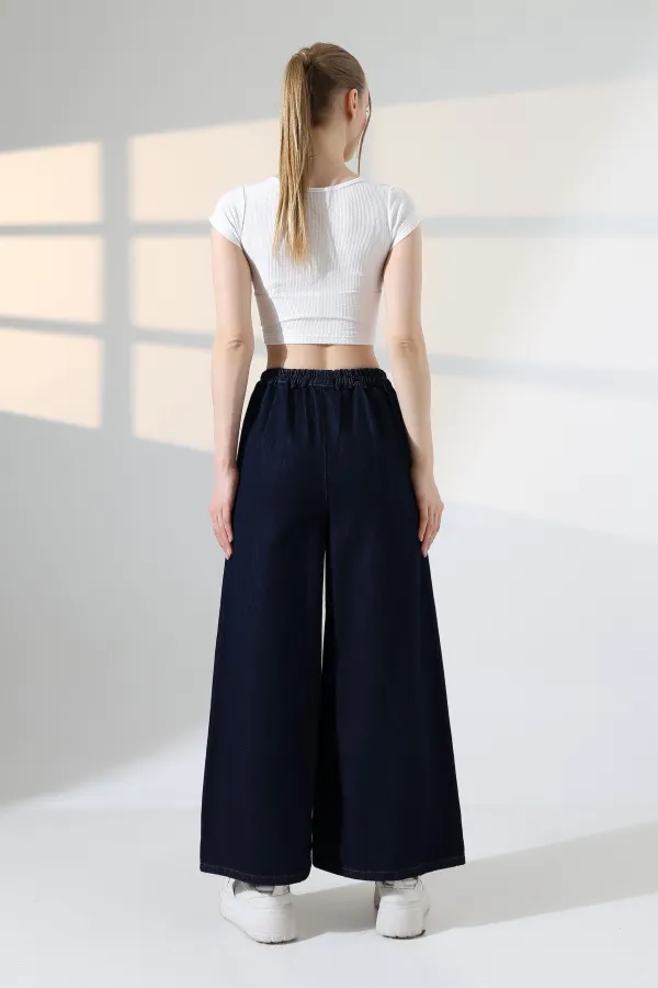 Elasticated Waist Wide Leg Jean  7120-17-(36-42-6) Slubbed Navy Blue