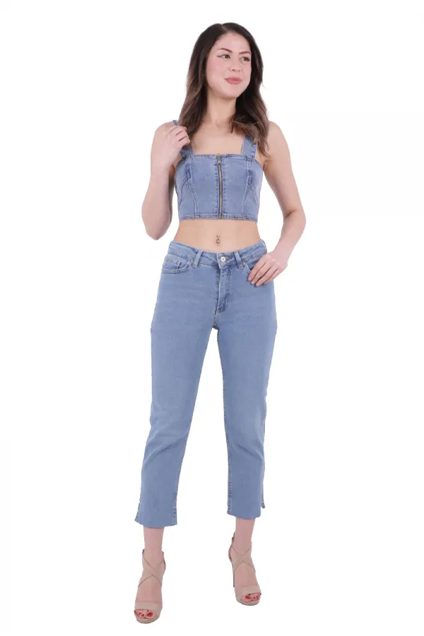 Yanı Yırtmaçlı Flare Paça Mom Kot Pantolon  1774-15-(26-31)