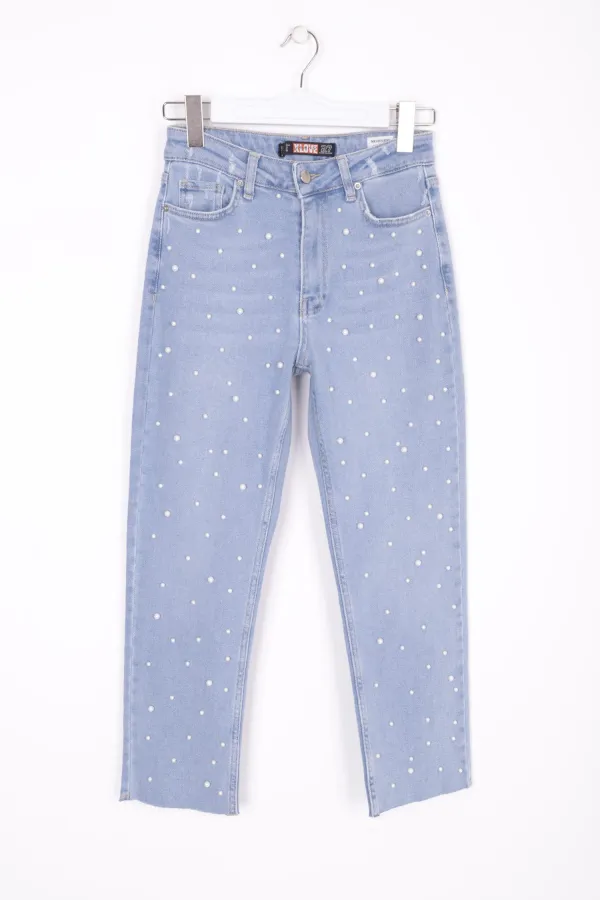 İnci Detaylı Mom Fit Kot Pantolon 1899-15-(26-31) İnci Detaylı Mom Fit Kot Pantolon 1899-15-(26-31)