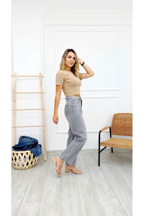 Wide Leg High Waisted Relaxed Jean  718-22-(28-33) Light Grey Denim