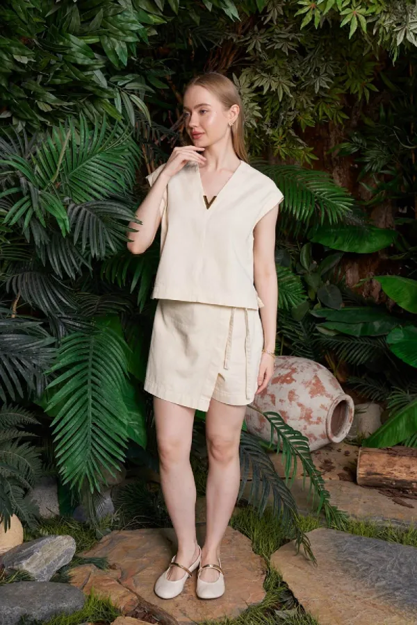 V Neck Linen Blouse HS608-65-(S+L+4) Stone