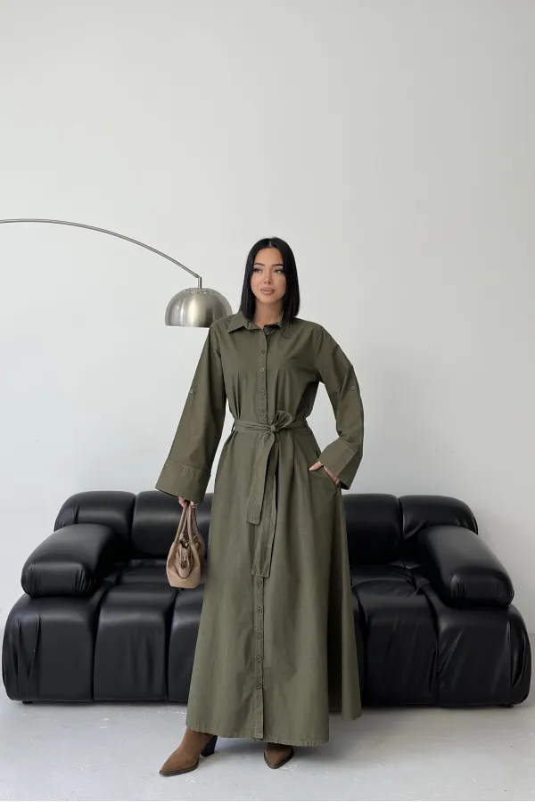 Düğmeli Uzun Boy Kot Elbise  3047-67-(S-XL)