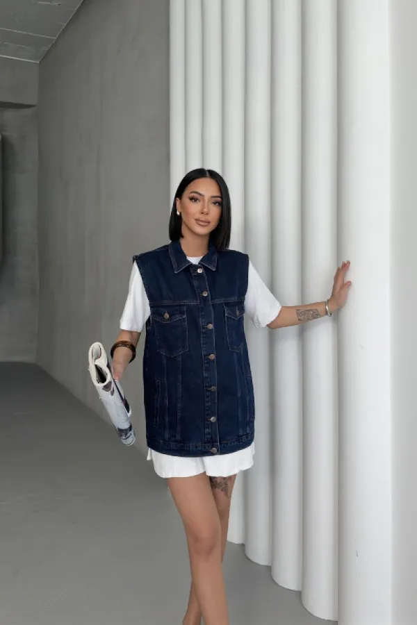 Medium Length Denim Vest 6053-26-(SL-4)