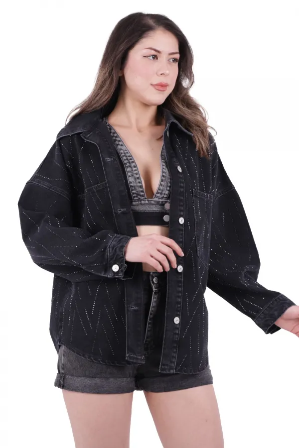 Taşlı Oversize Kot Gömlek  6006-23-(STD-4)
