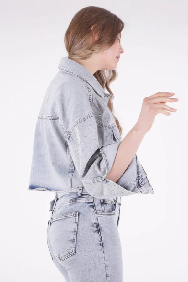 Oversize Short Denim Jacket with Stars and Rhinestones 6005-08-(S-L-5) Snow Light Blue Oversize Short Denim Jacket with Stars and Rhinestones 6005-08-(S-L-5) Snow Light Blue