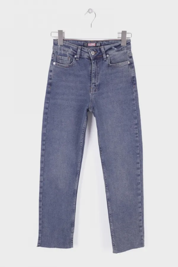 Fringe Ending High Waisted Mom Fit Jean  764-28-(26-33) Dark Blue Snow Denim