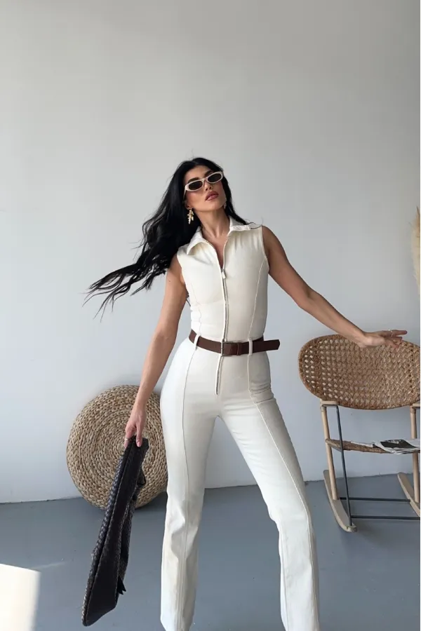 Sleeveless Denim Jumpsuit with Zipper and Belt 3013-80-(S-XL) Natural