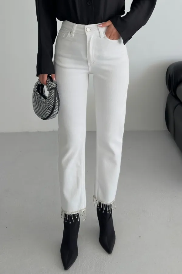Fringe Ending High Rise Mom Fit Jean with Rhinestones on Legs 1890-50-(26-31) White