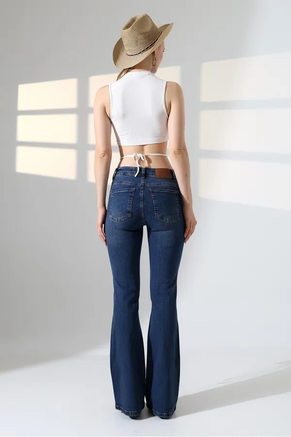 High Waisted and Flared Leg Skinny Jean  867-01-(30-36) Dark Blue Denim